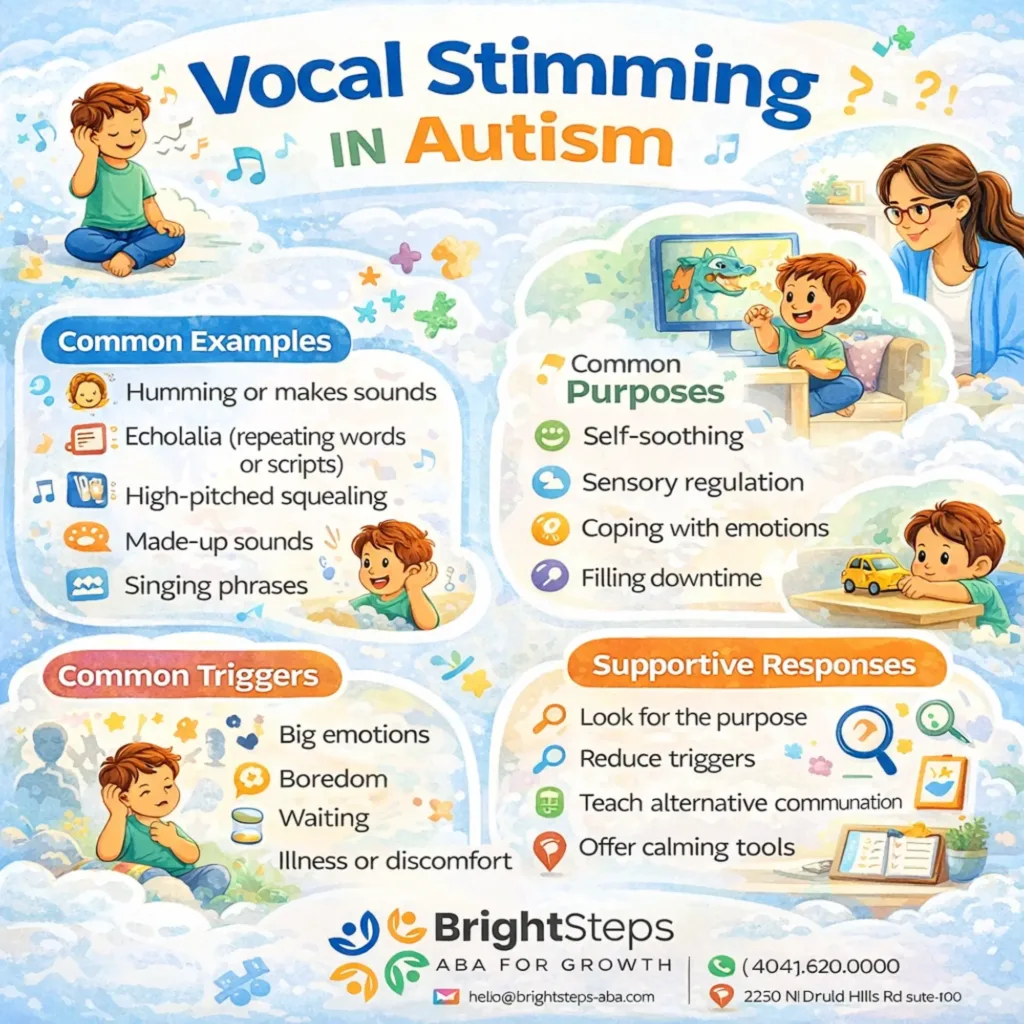 Learn what vocal stimming in autism can sound like, why it happens, common triggers, and supportive ways to respond at home, school, and in therapy.